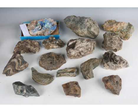 A large collection of mineral specimens, including azurite/malachite, length 20cm, quartz with tourmaline inclusions, mica, o