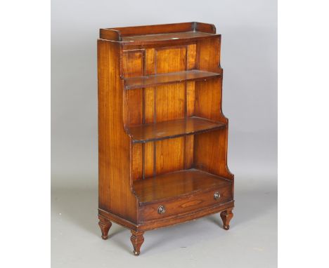 A modern stained elm four-tier waterfall bookcase, fitted with a drawer, height 111cm, width 68cm, depth 35cm.Buyer’s Premium