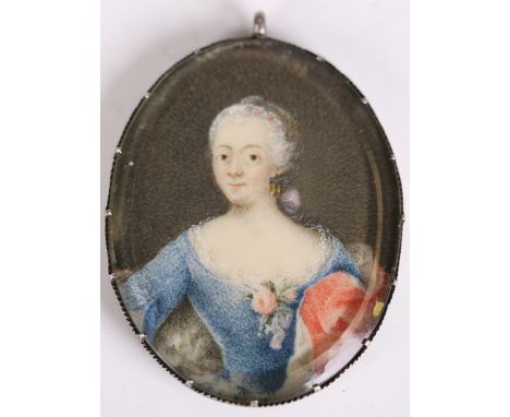 An 18th century French School oval half-length portrait miniature of a lady wearing a blue dress, watercolour on ivory, 6cm x