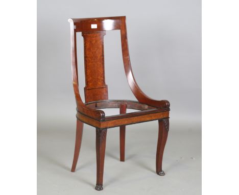 A 19th century French Empire mahogany and amboyna side chair with ebony inlay and carved claw feet, height 88cm, width 49cm (