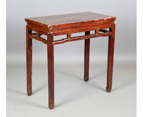 A Chinese softwood table, raised on block legs, height 90cm, width 90cm, depth 50cm.Buyer’s Premium 29.4% (including VAT @ 20