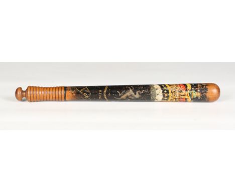 A 19th century turned boxwood police truncheon, detailed 'KENT' with stallion emblem and gilt crown, length 41cm.Buyer’s Prem