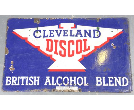 A Cleveland Discol British Alcohol Blend double-sided enamel advertising sign, detailed 'Bruton, Palmers Green', 46cm x 76cm.