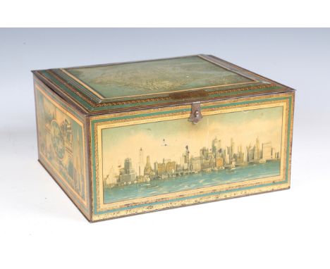 An early/mid-20th century printed biscuit tin, the top with an aerial view of Manhattan Island, the sides with further views 