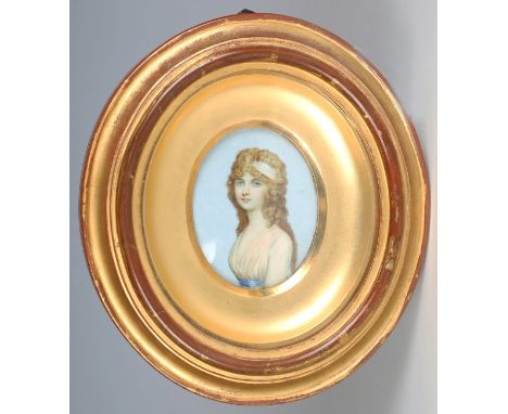 After Andrew Plimer - a late 19th/early 20th century half-length portrait miniature of Harriet Lady Cockerell when Miss Rusho