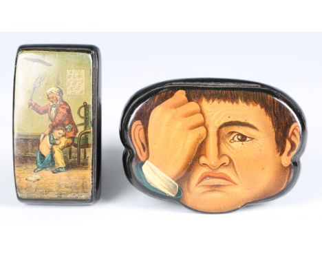 An unusual 19th century papier-mâché snuff box depicting the shaped face of a crying gentleman, width 8.5cm, together with an