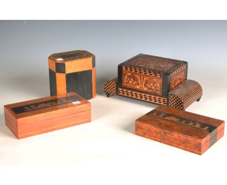 A Sorento ware thuya and marquetry inlaid cigarette box, width 16.5cm, a similar box, a tea caddy of canted rectangular form,