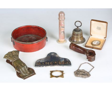 A small group of mixed collectors' items, including a Regency papier-mâché wine coaster, a Regency brass hand bell, a carved 