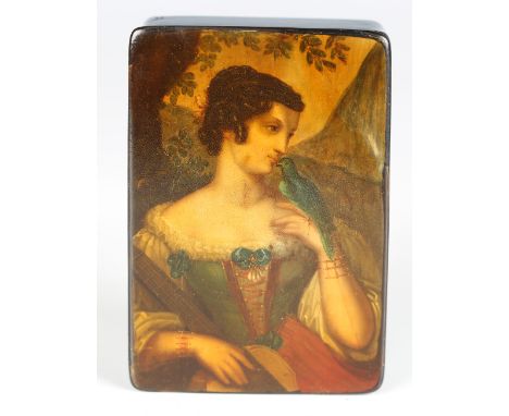 A 19th century Stobwasser papier-mâché snuff box, the lid painted with a young lady holding a wild bird, stamped to the inter