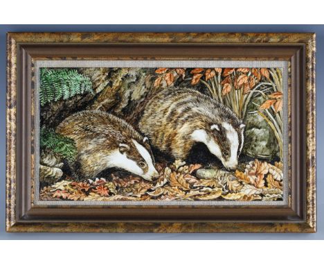 Rita Whitaker - an enamelled copper panel depicting two badgers amongst undergrowth, signed 'R.E. Whitaker R.M.S', 14cm x 25.