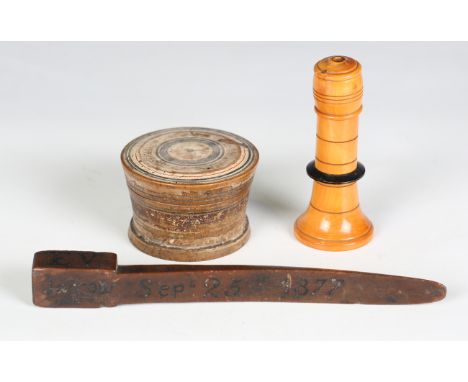 A 19th century knitting sheath, inscribed with initials 'P.V.' and dated 'Sept 25th 1877', length 21cm, together with an earl