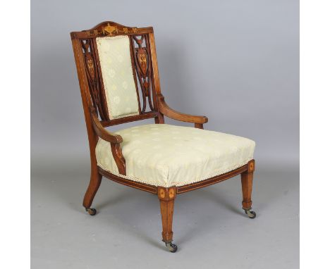 An Edwardian Neoclassical Revival mahogany and inlaid salon chair, height 84cm, width 59cm.Buyer’s Premium 29.4% (including V