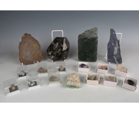 A collection of mineral specimens, including desert rose, a section of tiger's eye, length 7cm, a block of Canadian jade, a s