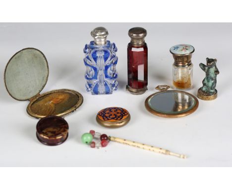A group of objects of virtu, including a Georgian style oval portrait miniature within a folding leather case, length 8cm, tw