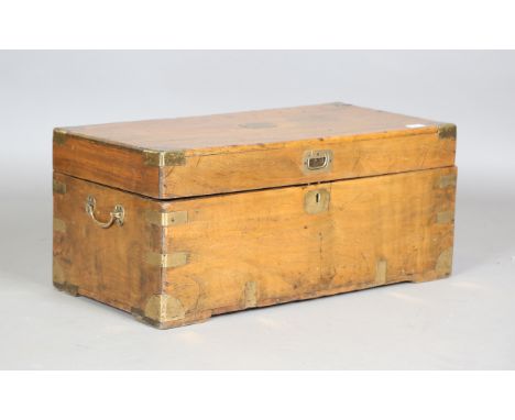A 19th century camphor and brass bound campaign style trunk with applied carrying handles, height 32cm, width 76cm, depth 38c