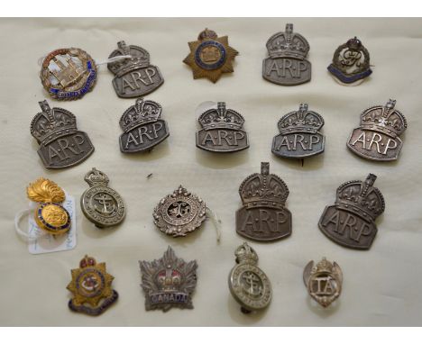 9 silver hallmarked ARP badges, various silver and enamel sweetheart brooches and lapel badges inc Northamptonshire, Devonshi