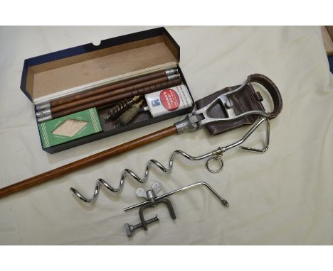 Parker Hale gun cleaning kit, fishing fly tie clamp, shooting stick and a tether (4)