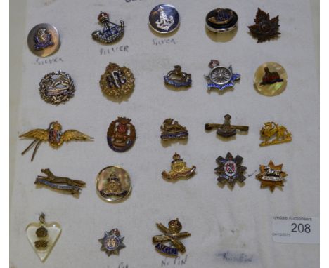 Mounted display of sweetheart brooches and pendants of various regiments inc silver, tortoiseshell and enamel DLI, Green Howa