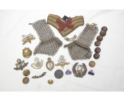 Selection of mixed British military badges inc shoulder titles, cap badges, 2 enamel home guard lapel badges, chainmail front