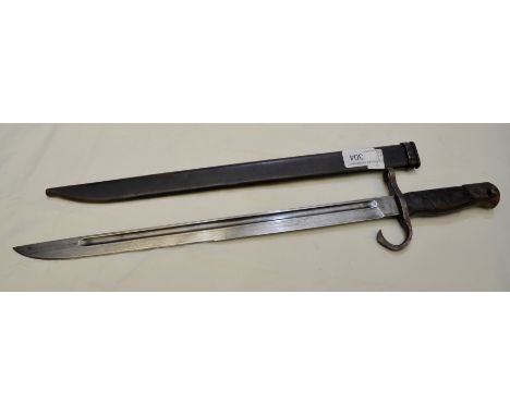 WWII period Japanese bayonet with 16 inch blade, 2 piece wooden grip and steel scabbard