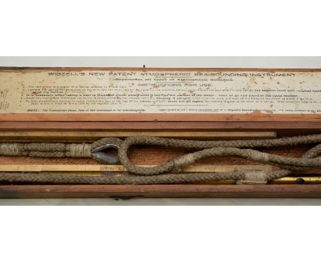 Cased Wigzell's sea sounding instrument, patent atmospheric type with fitted interior with instructions and enamel plaque to 