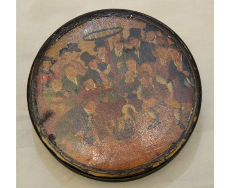 18th/19thC circular paper mache snuff box, the panel with dog fighting scene (minor damage to the interior)