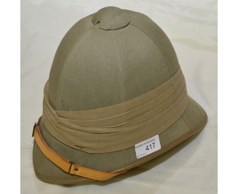 Military pith helmet with leather chin strap and sweatband