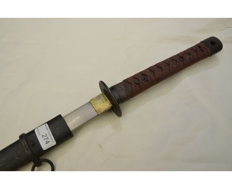 Late 19thC Japanese sword with 28 inch blade, wooden grip with woven binding complete with scabbard