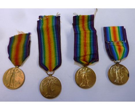 4 WWI victory medals with ribbons awarded to 'Q.M & Capt J.A SCOTT' 40736 PTE.WC HOPKINS LINC.R', '4878 PTE.R.L.JACK MIDD'X R