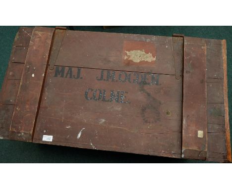 Stain pine wood crate with hinged top with painted detail Maj. J.M.Ogden Colone containing a large selection of military equi