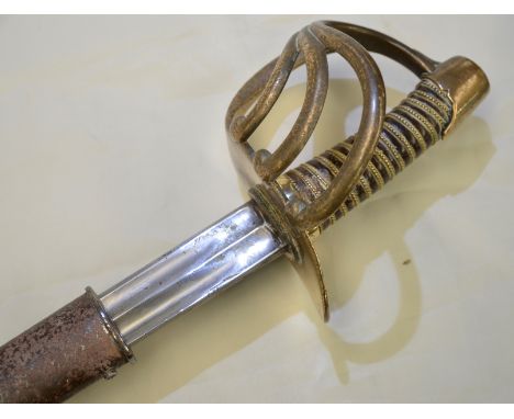 French Cuirassiers troopers sword with 38 inch double fullered straight blade, the back strap marked 'Paris' with brass half 