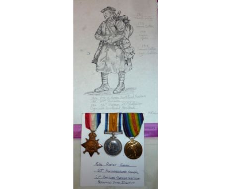 WWI casualty trio comprising of 1914-15 star war medal and victory medal awarded to '5614 PTE,.R GREEN North'D Fus' with larg