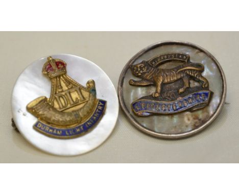 Mother of pearl and enamel Durham Light Infantry sweetheart brooch and a silver mother of pearl and enamel Leicestershire reg