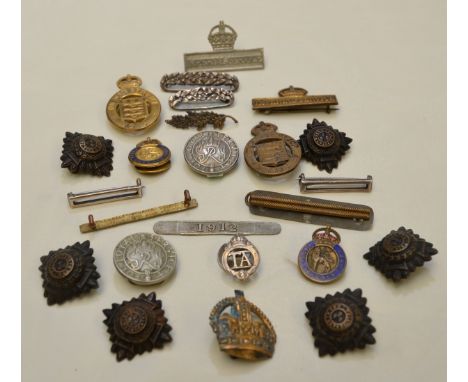 2 enamel civil defence corp lapel badges, 2 1915 on war service badges, 2 other war service lapel badges, imperial service ti