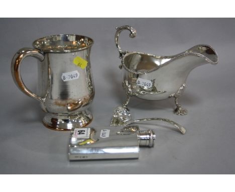 A SILVER HIP FLASK, with hinged screw lid, Birmingham 1958, approximately 4.7ozt, 11.5cm high, together with silver plate to 