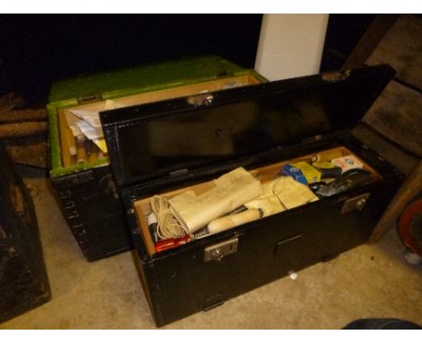 TWO WOODEN TOOL CRATES, containing a quantity of vintage hand tools, etc