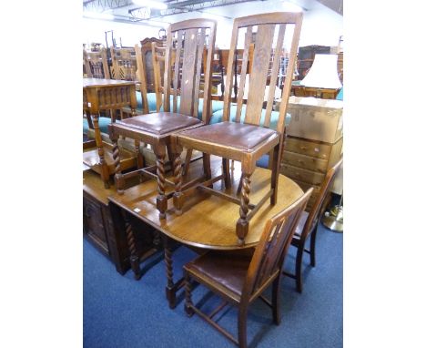 AN OAK BARLEY TWIST GATE-LEG TABLE, and four oak barley twist dining chairs (5)