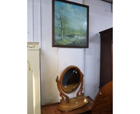 A VICTORIAN OVAL SWING MIRROR (sd, two feet missing) and a framed print (2)