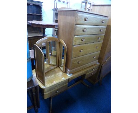 A MODERN DRESSING TABLE, with separate triple mirror, a chest of five long drawers and a double headboard 'Homestead label at