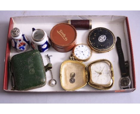 A TRAY OF MISCELLANEOUS, to include watch, pocket watch, compact, silver topped ceramic condiments, etc