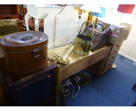 BRASS FIRE IRONS AND COAL BUCKET, a mahogany coal box, metal hat box, lamp, iron kettle, etc (11)