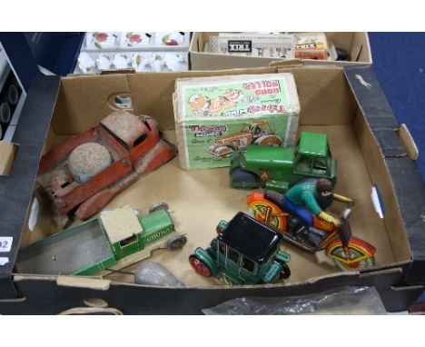 A TINPLATE CLOCKWORK TIPPER LORRY, permanent key, possibly Wells Brimby, a distressed pressed steel fire engine (a/f), a tinp