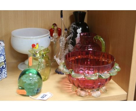 VARIOUS GLASS ORNAMENTS, VASES, etc, to include a small glass dump weight with potted plant inclusion, Mary Gregory style bla