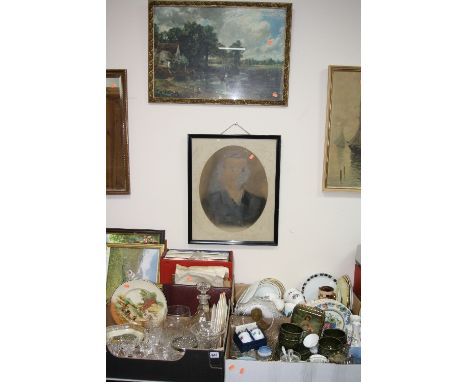 FOUR BOXES AND LOOSE CERAMICS, GLASS, RECORDS, PICTURES, MIRROR, etc, including Royal Doulton, Wedgwood, Aynsley, cut glass e