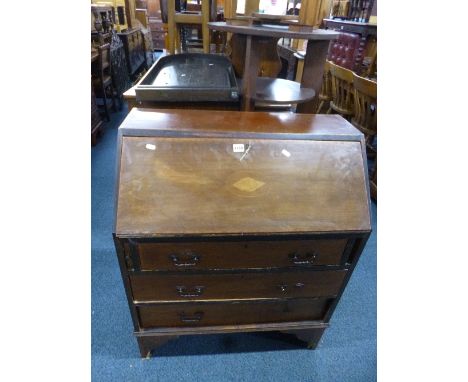 AN EDWARDIAN INLAID MAHOGANY WRITING BUREAU, and a bagatelle board (sd) (key) (2)