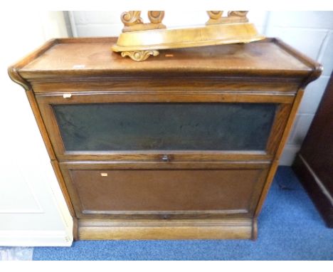 'GLOBE WERNICKE' STYLE OAK GLAZED TWO SECTION BOOKCASE, (lower door glass has been replaced with hardboard)