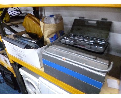 A METAL TOOL BOX, containing hand tools, boxed ratchet set and a box containing a quantity of miscellaneous including a Toshi