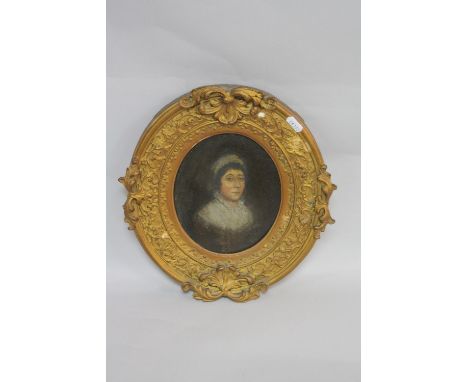 A GILT FRAMED OVAL PORTRAIT STUDY, female looking to distance, on metal, approximately 19cm x 15cm