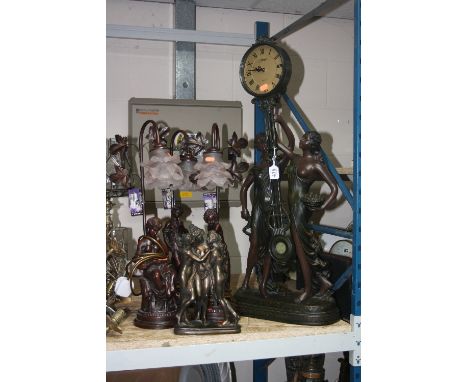 A JULIANA ART NOUVEAU STYLE FIGURAL CLOCK, height approximately 79cm, together with a set of three figural table lamps and a 
