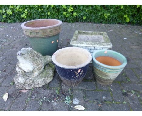 A COMPOSITE FROG WATER FOUNTAIN,  a composite garden planter and three glazed pots (5)